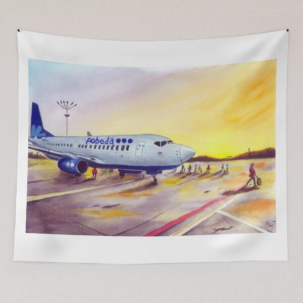 Item preview, watercolor, airplane, airport at sunset designed and sold by PUSTOTA86.