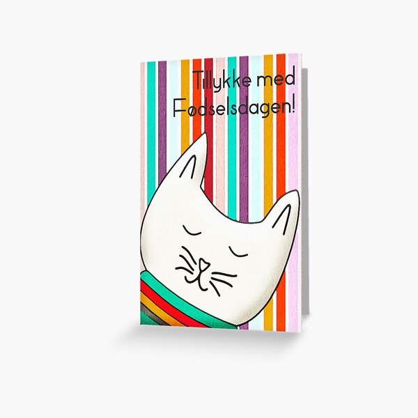 Item preview, Danish birthday card with fun rainbow stripes and cat  designed and sold by Pommallina.