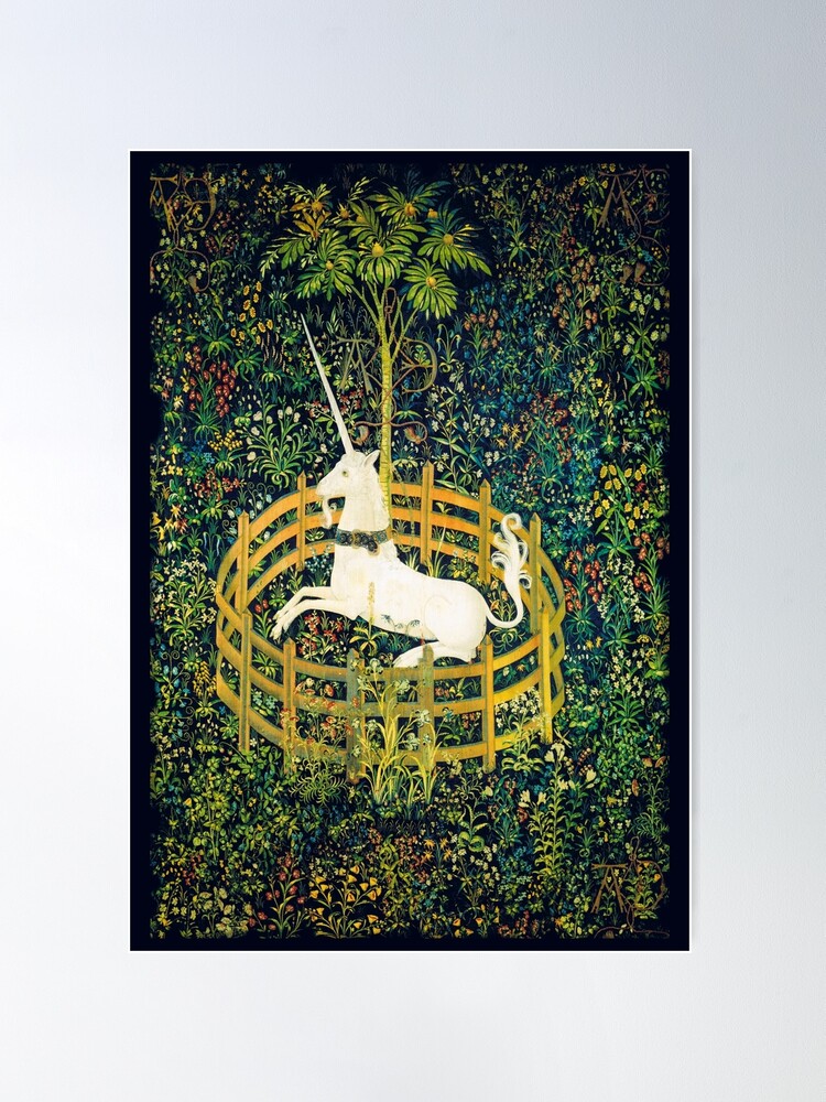 The unicorn rests in a garden tapestry sale