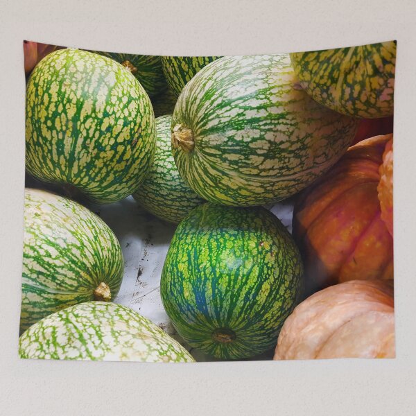 Item preview, A pile of melons, pumpkin and squash on a market stall with orange and green skin. designed and sold by janesg.