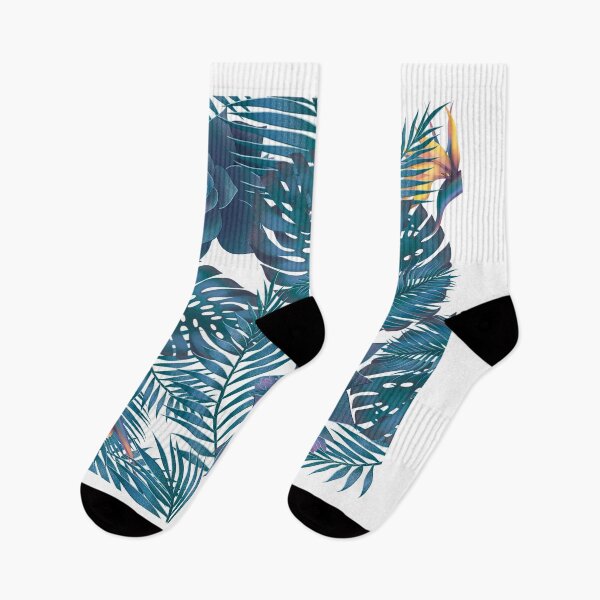 Item preview, vibrant  botanical design of jungle foliage and tropical bird of paradise blooms, using shades of dark blue set off against a white background designed and sold by Wonder & Whimsy.