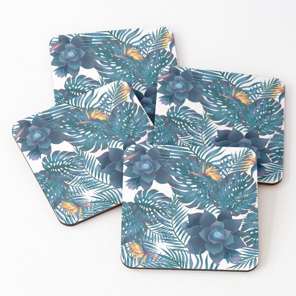 Item preview, vibrant  botanical design of jungle foliage and tropical bird of paradise blooms, using shades of dark blue set off against a white background designed and sold by Wonder & Whimsy.