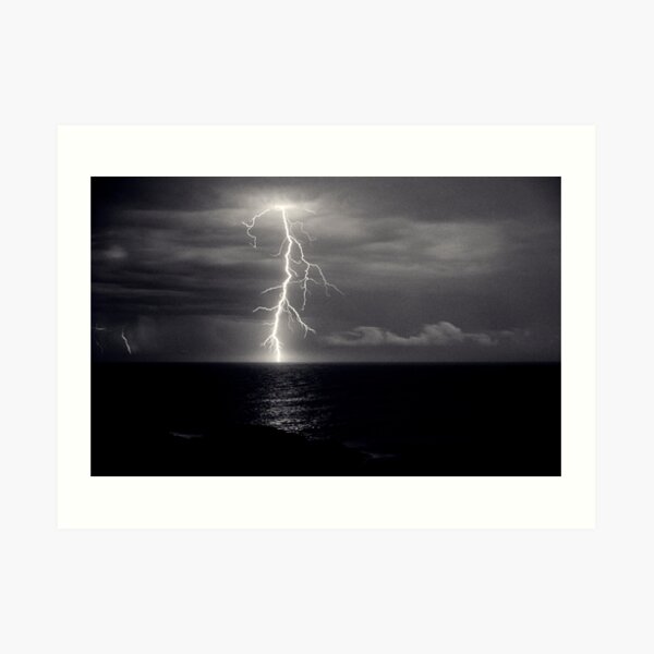 Dusk lightning over sea Art Print