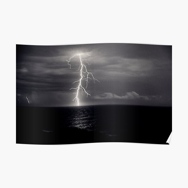 Dusk lightning over sea Poster