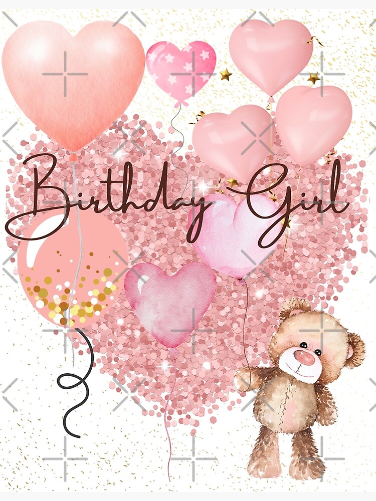 Joyeux Anniversaire Fille Coeur Ballons Ours En Peluche | Carte de vœux