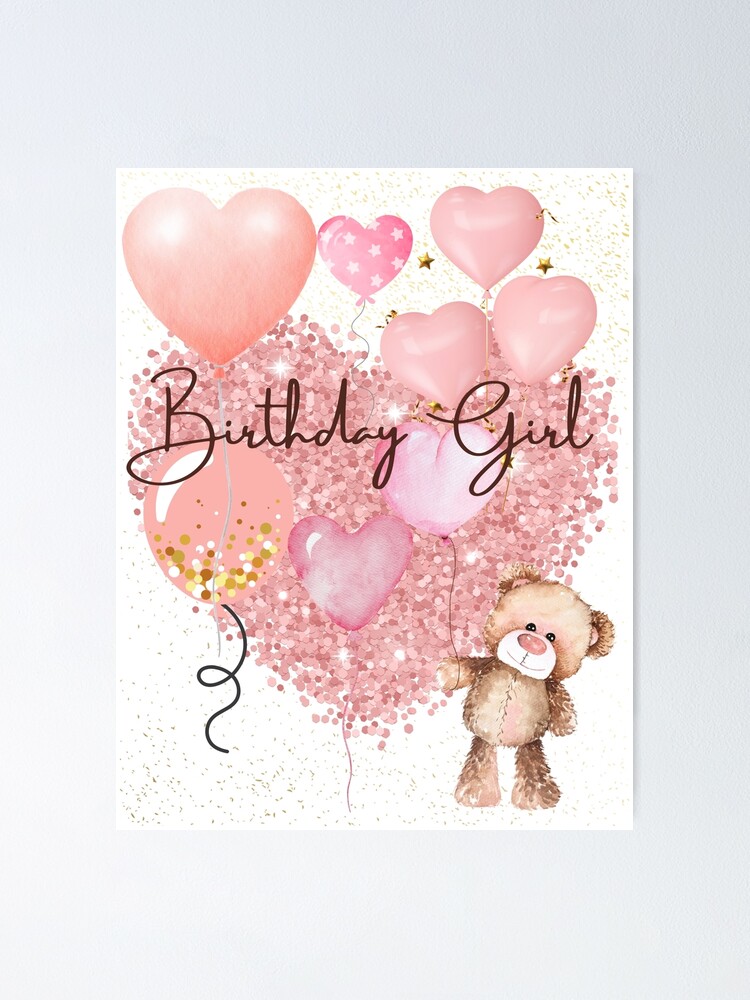 Poster Carte de voeux Bébé fille avec ours en peluche 