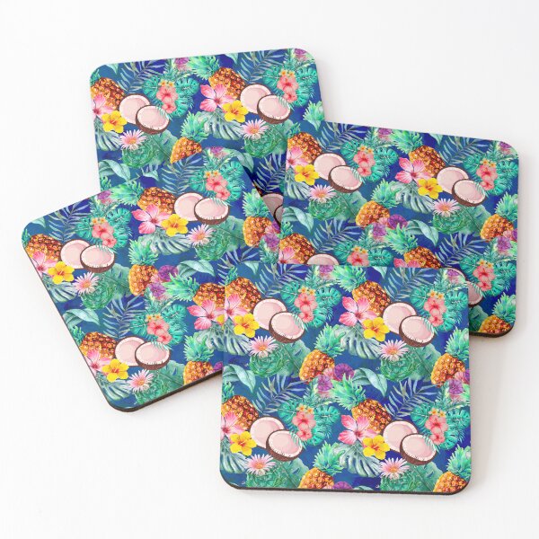 Item preview, Tropical pineapple exotic botanical illustration, coconuts, pineapples, floral tropical fruits,botanical pattern, blue fruit pattern designed and sold by ZeinabTaha.