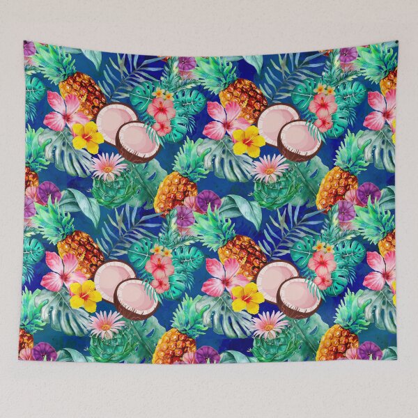 Item preview, Tropical pineapple exotic botanical illustration, coconuts, pineapples, floral tropical fruits,botanical pattern, blue fruit pattern designed and sold by ZeinabTaha.
