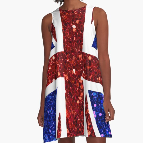 UK flag navy blue and red sequin digital print design A-Line Dress