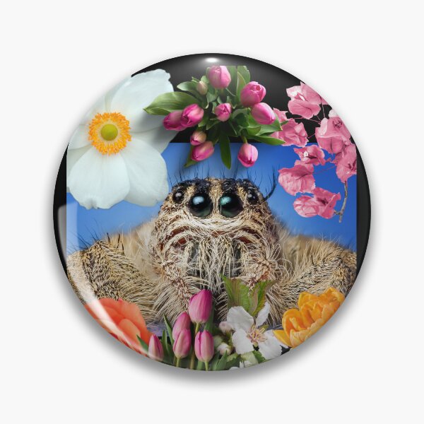 Artikelvorschau, Entzückende Springspinne mit buntem Blumen-Digital-Collagen-Design entworfen und verkauft von EarthArtDesigns.