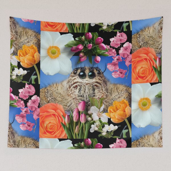 Item preview, Adorable Jumping Spider With Colorful Flowers Digital Collage Design designed and sold by EarthArtDesigns.