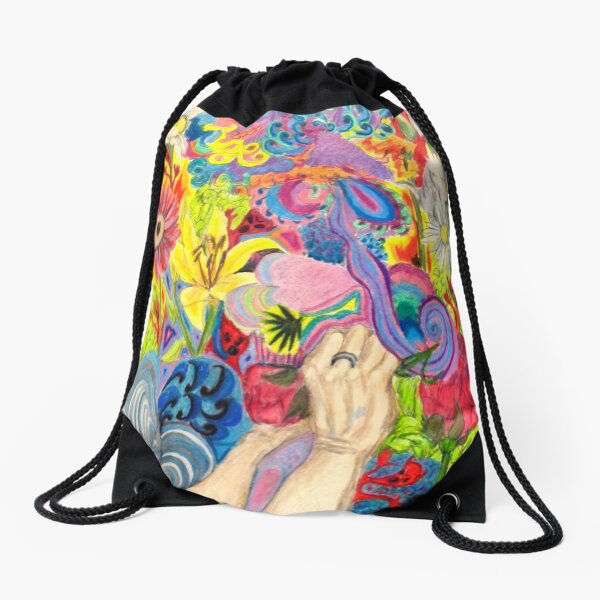 Woman Picking RainBow of Flowers Drawstring Bag
