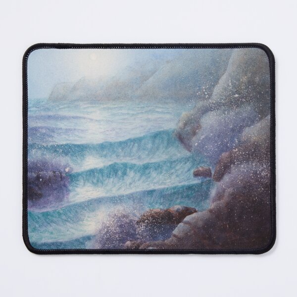 Item preview, Waves rolling onto rocky shore with full moon. Watercolour seascape - designed and sold by Einar Aasen.