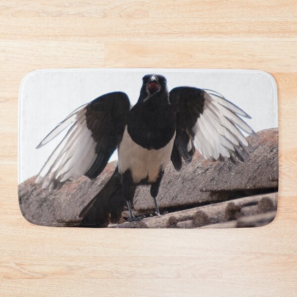 Item preview, A beautiful black and white eurasian magpie (or Pica pica), with a rare crooked beak, screaming on the tiles of a roof, looking at me with its wings opened.  designed and sold by Maurizio Fabbroni.