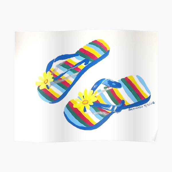 Striped Flowered Flip Flops Poster