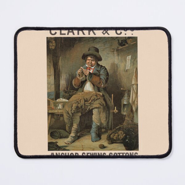 Item preview, Antique sewing thread advertising poster, Clark Anchor Sewing Cotton, Man with tattered clothes, threading a needle, designed and sold by hjsmith.