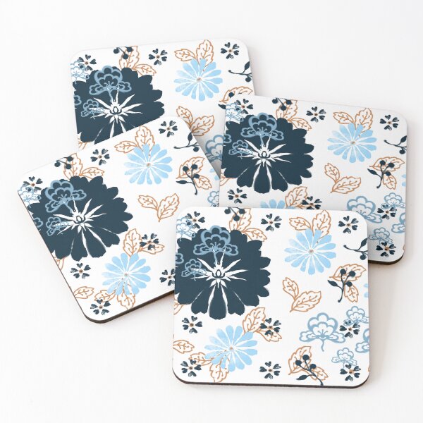 Item preview, Original Japanese style motif with navy blue and light blue flowers on white background designed and sold by Mary Jane Lange.