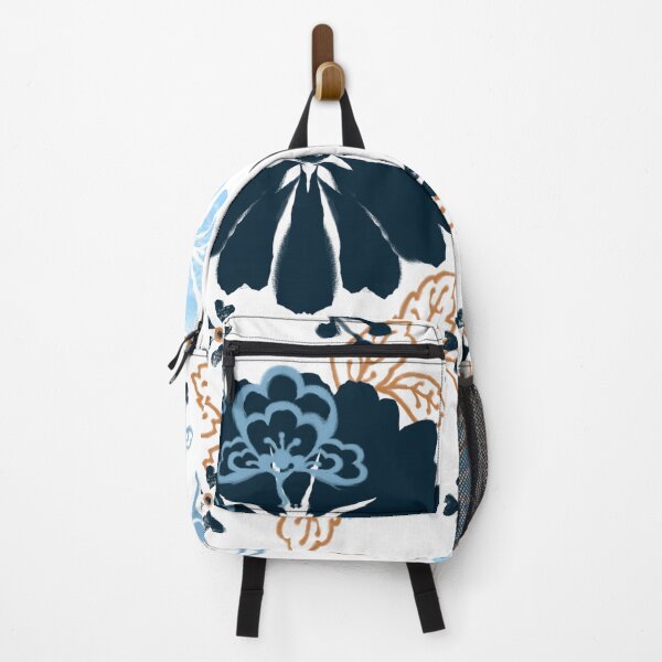 Item preview, Original Japanese style motif with navy blue and light blue flowers on white background designed and sold by Mary Jane Lange.