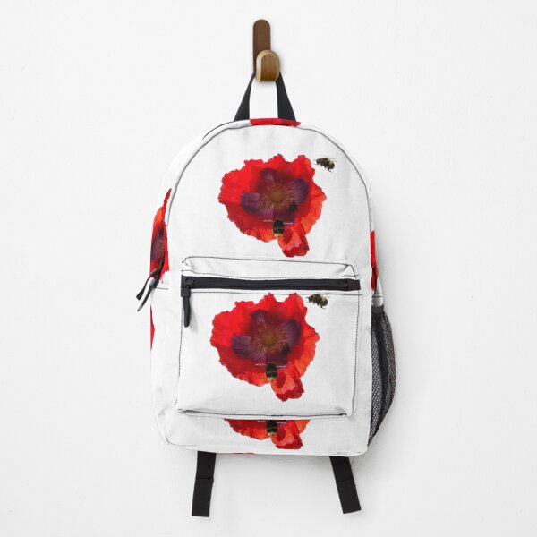 Artikelvorschau, Leuchtend rote Mohnblume mit Hummeln, die herein und in der Nähe fliegen. entworfen und verkauft von janesg.