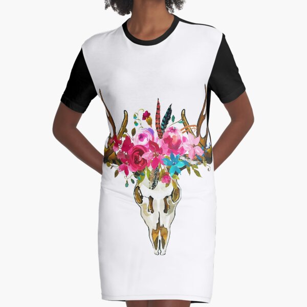 Boho Chic Deer Skull Graphic T-Shirt Dress