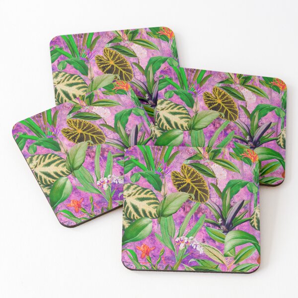 Item preview, Exotic tropical foliage, leaves and flowers tropical pattern, botanical illustration, pink purple floral illustration   designed and sold by ZeinabTaha.