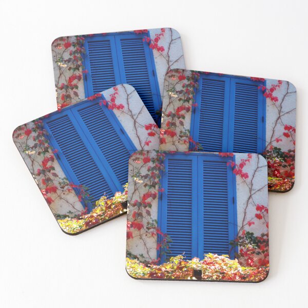 Item preview, Red Leaves, Blue Wooden Window, Window Blinds, Mediterranean Culture, Architecture, Building Exterior designed and sold by branaghbel.