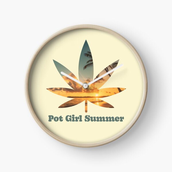 Pot Girl Summer Weed Leaf Beach at Summer Yellow Sunset Pattern - For Stoners/Smokers 420/Weed/Marijuana/Cannabis/Pot Lovers Clock