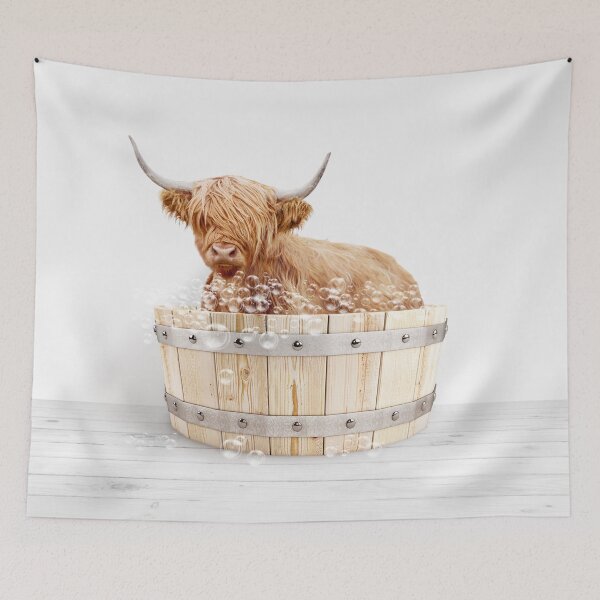 Item preview, Highland Cow in Wooden Bathtub, Cow Taking a Bath, Cow Bathing, Bathtub Animal Art Print By Synplus designed and sold by synplus.
