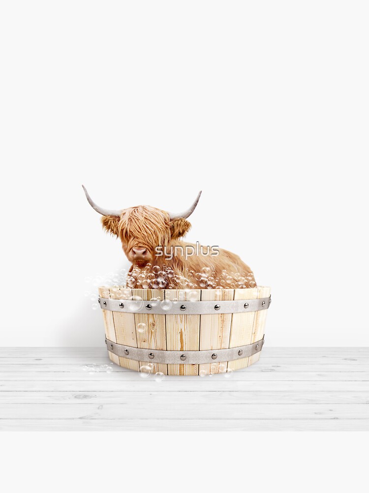 &ldquo;Highland Cow in Wooden Bathtub, Cow Taking a Bath, Cow Bathing