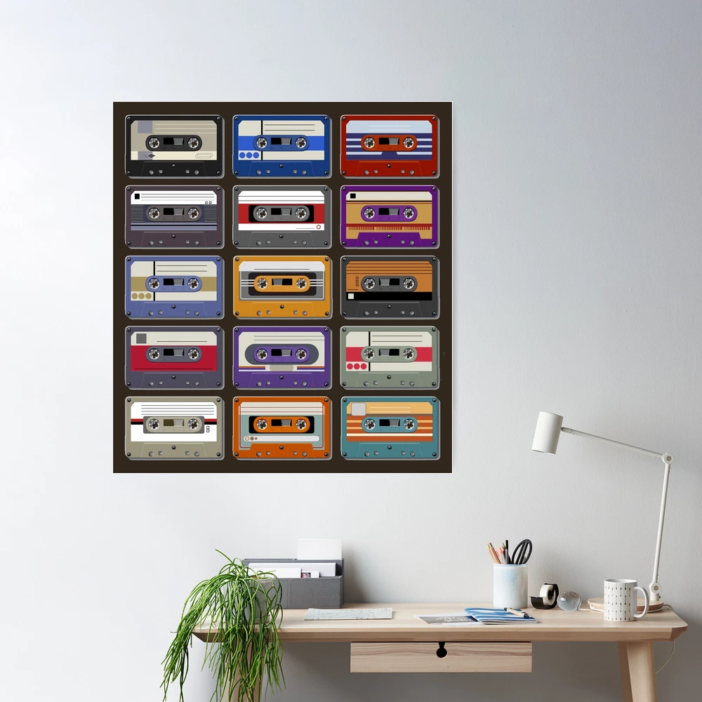 Music. Vintage wall with vinyl records and audio cassettes hung. Poster by  josephoto