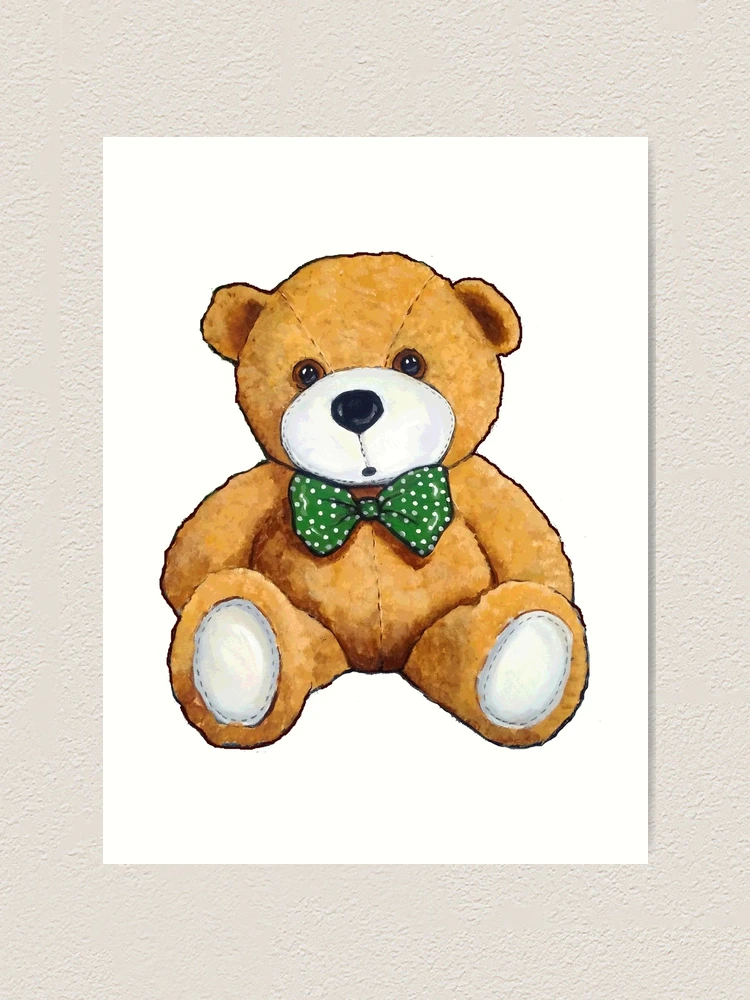 Cute Teddy Bear Original Painting Polka Dotted Bow Tie