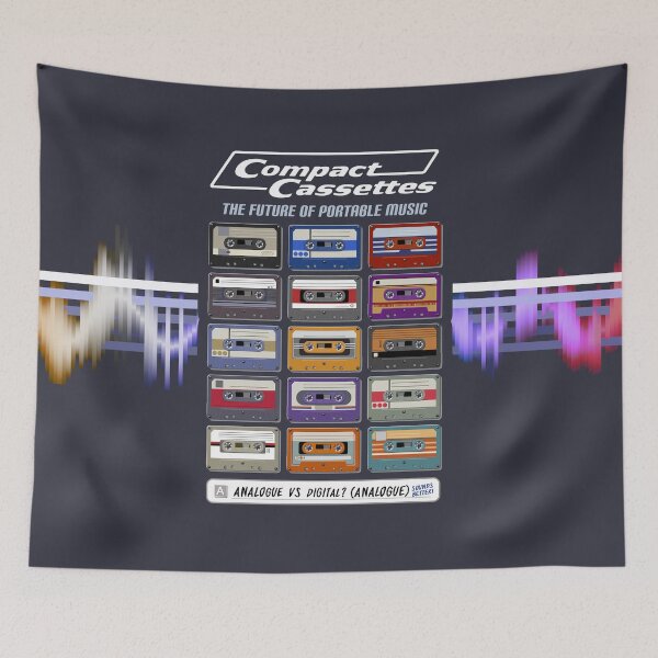 Item preview, Compact Cassettes - The Future of Portable Music (Analogue VS Digital? Analogue Sounds Better!) Retro Style ad for Audio Tapes (White Text) designed and sold by RetroTeeStudio.