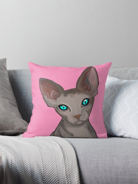 Artikel-Vorschau von Haarlose Katze Sphinx Blaue Augen Grauer Druck rosa Hintergrund, designt und verkauft von DemonicGloom.