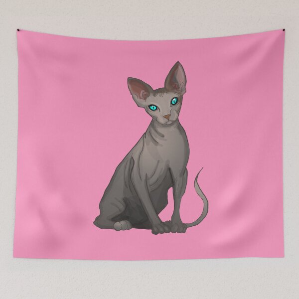 Item preview, Hairless Cat Sphinx Blue eyes Grey print pink background  designed and sold by DemonicGloom.