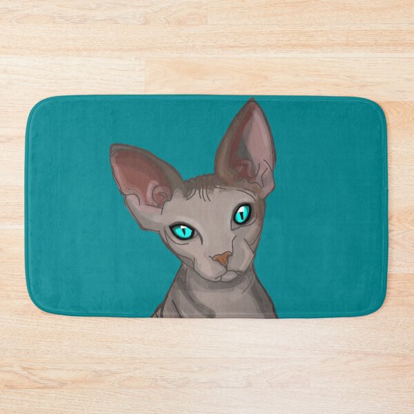 Item preview, Sphinx Blue eyes Grey Hairless cat print dark teal blue background  designed and sold by DemonicGloom.