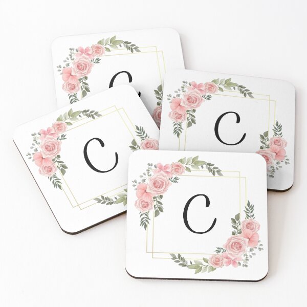 Artikelvorschau, Monogrammbuchstabe C | Rosa Blumenmuster mit goldenen Rändern entworfen und verkauft von JustSeasons.