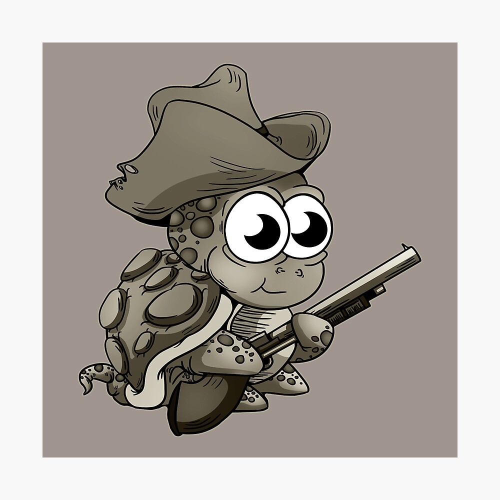 Cartoon Little Cowboy Turtle: Old timey sepia/black and white Cartoon Little Cowboy Turtle: Old timey sepia/black and white