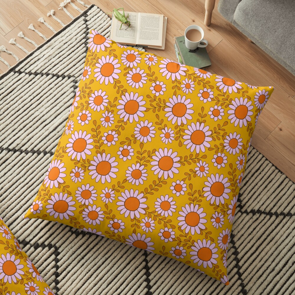 Retro 70s daisy flowers in orange & lilac Floor Pillow