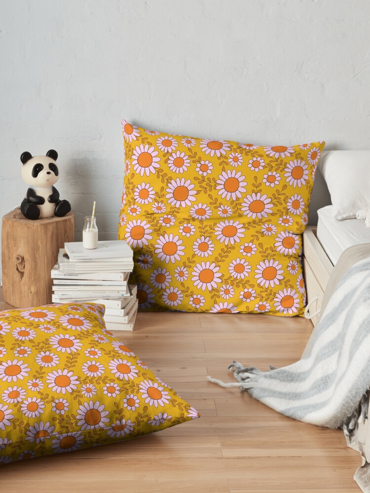 Alternate view of Retro 70s daisy flowers in orange & lilac Floor Pillow