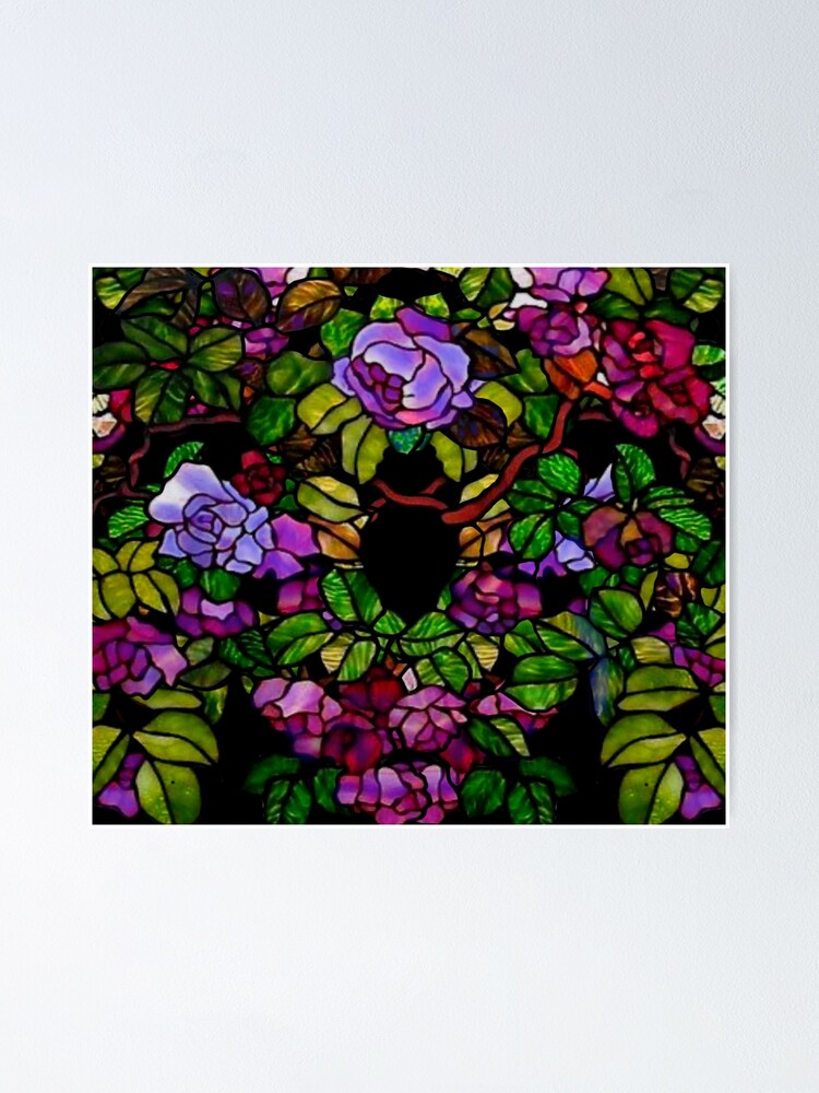 Póster «Romántica ilustración de jardín de rosas con vidrieras de estilo  Tiffany, rosas moradas, rosas rojas, vides de rosas» de hollycooper |  Redbubble