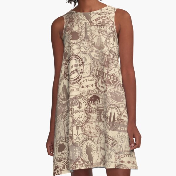 Vintage Passport Stamps A-Line Dress