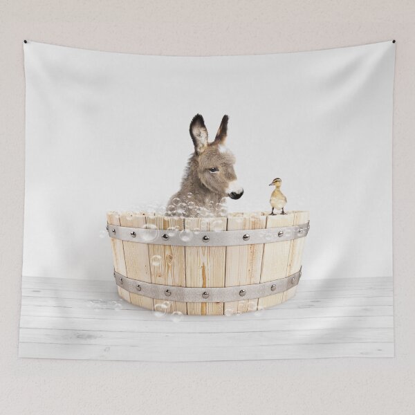 Item preview, Baby Donkey and Duckling in Wooden Bathtub Print, Baby Donkey Bathing, Animals in Bathtub Art by Synplus designed and sold by synplus.