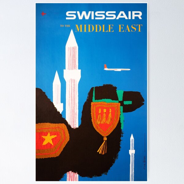 Item preview, Fly Swiss Airlines to the MIDDLE EAST Vintage Travel Poster 1958 Fritz Buhler designed and sold by retroposters.