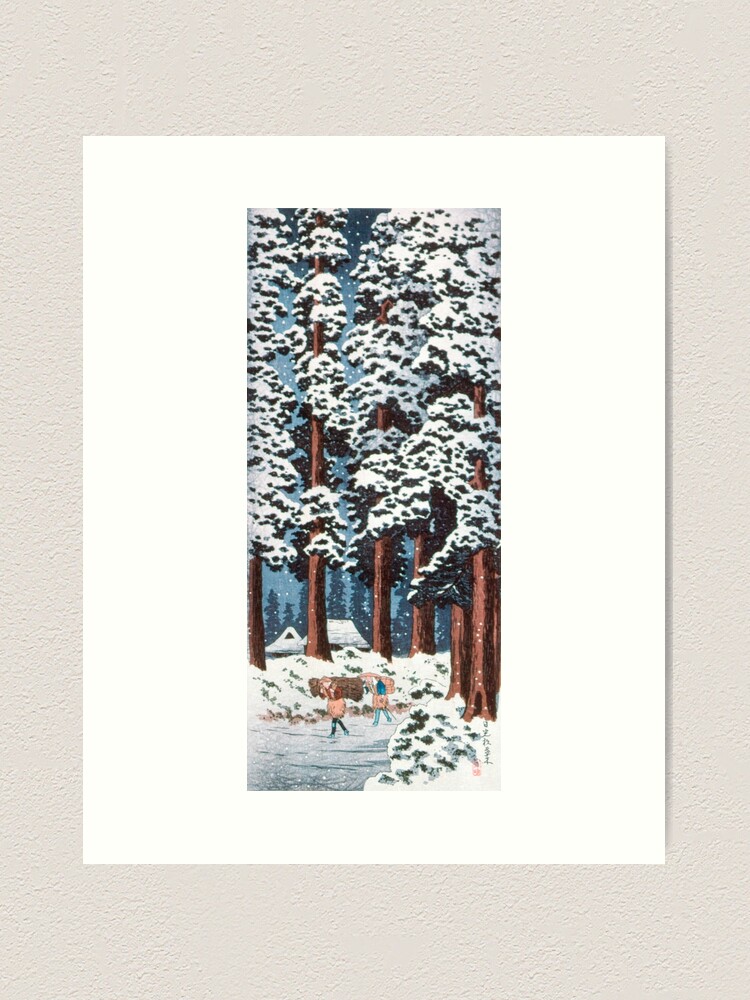 Japanese woodblock printing Of Cedar Tree-Lined Road at Nikko By Hiroaki  Takahashi,Winter,Snow,Vintage, Blue ,woodcut,Japan,Ukiyo,vintage, 