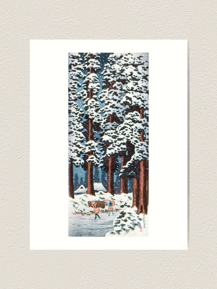 Japanese woodblock printing Of Cedar Tree-Lined Road at Nikko By Hiroaki  Takahashi,Winter,Snow,Vintage, Blue ,woodcut,Japan,Ukiyo,vintage, 