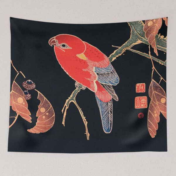 Item preview, Japanese woodblock printing of Red Parrot on the Branch of a Tree By Ito Jakuchu,red and black,parakeet,woodcut, japan, ukiyo, painting,vintage, nature, Ito Jakuchu,  japanese art, designed and sold by Tamas Das.