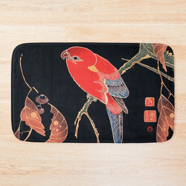 Item preview, Japanese woodblock printing of Red Parrot on the Branch of a Tree By Ito Jakuchu,red and black,parakeet,woodcut, japan, ukiyo, painting,vintage, nature, Ito Jakuchu,  japanese art, designed and sold by Tamas Das.