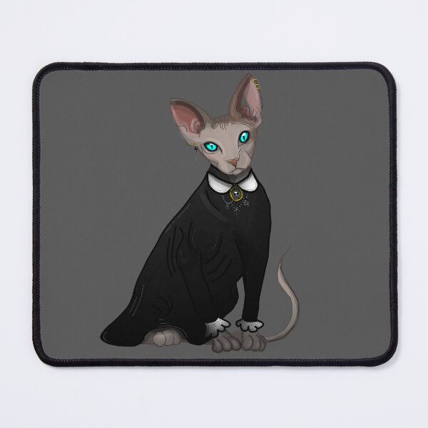 Aperçu de l'œuvre Gothique Sphinx en robe noire Yeux bleus Imprimé chat sans poil gris fond gris créée et vendue par DemonicGloom.