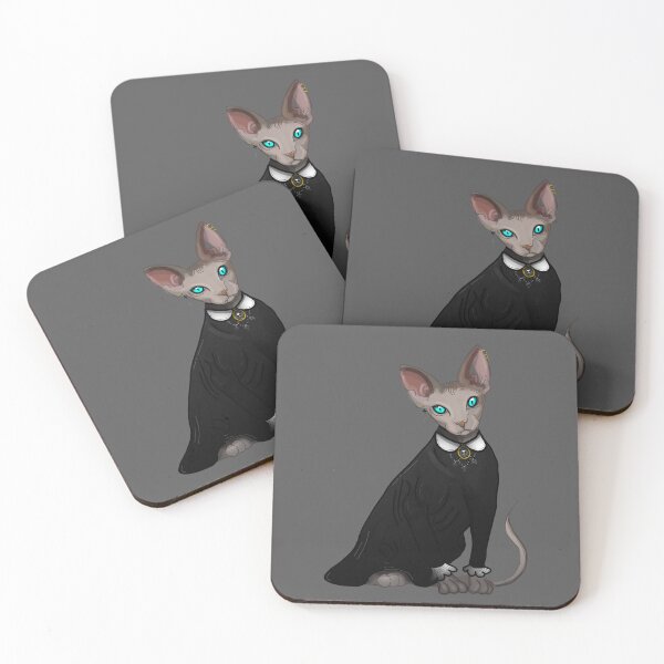 Item preview, Gothic Sphinx in black dress Blue eyes Grey Hairless cat print grey background  designed and sold by DemonicGloom.