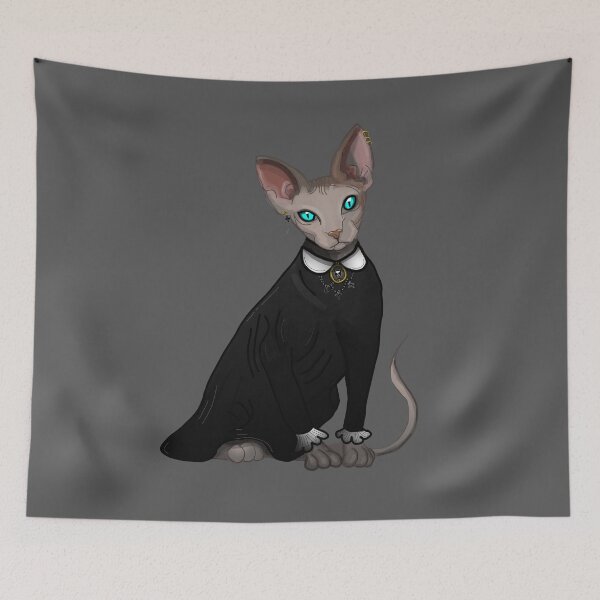 Item preview, Gothic Sphinx in black dress Blue eyes Grey Hairless cat print grey background  designed and sold by DemonicGloom.